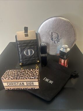 Dior Silver Zip Vanity with Dior Black Quilted Mirror & Lipstick/Lip Oil All New